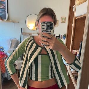Free People Green and White Striped Two-Piece Set (tube top & cardigan)